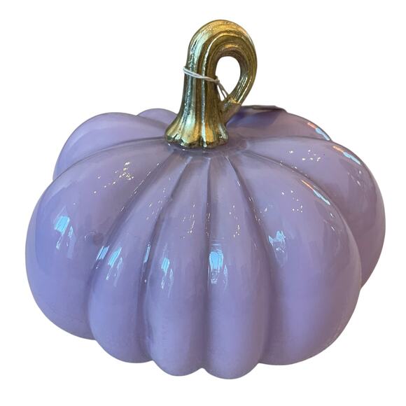 Lavender LED Glass Pumpkin w/ Gold Metal Stem Made in India Fall Decor NEW - Picture 3 of 12